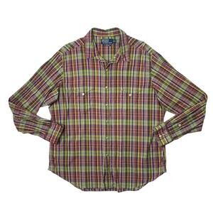 Polo Ralph Lauren Shirt Mens Extra Large Western Plaid Pearl Snap Buttons Pocket